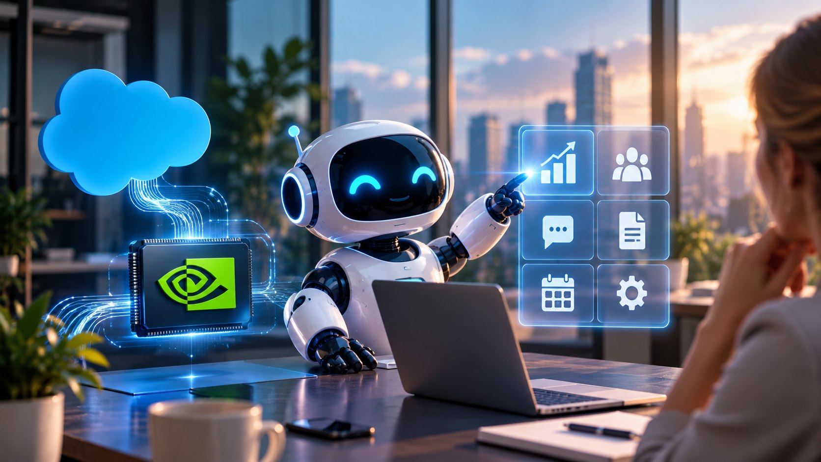 AI-robot met NVIDIA-chip naast een CRM-interface op een laptop