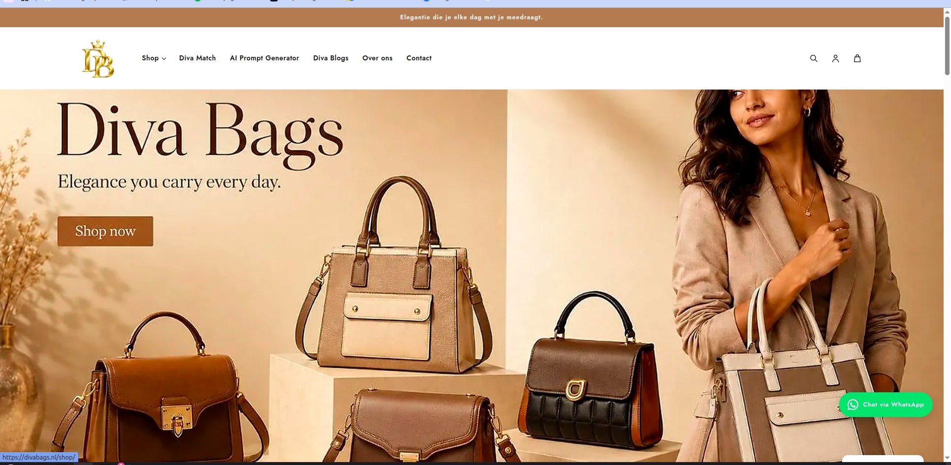 Diva Bags homepage, e-commerceproject met AI en automatisering