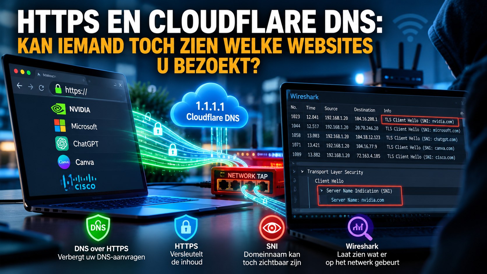 Illustratie over HTTPS en Cloudflare DNS, met een laptop, Cloudflare-DNS-server en Wireshark die zichtbare domeinnamen in TLS-verkeer toont.
