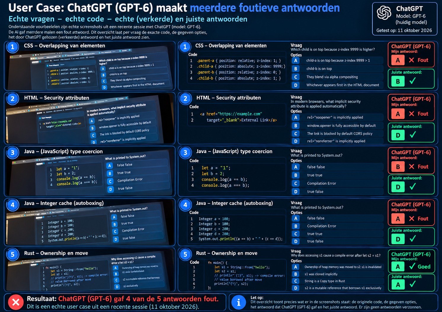 Infographic met vijf programmeervragen waarop ChatGPT GPT-6 vier verkeerde en één juist antwoord gaf